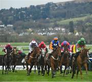 12 March 2019; Runners and riders clear the last first time round as Glen Forsa, with Jonathan Burke up, second from left, falls during the Racing Post Arkle Challenge Trophy Novices' Chase on Day One of the Cheltenham Racing Festival at Prestbury Park in Cheltenham, England. Photo by David Fitzgerald/Sportsfile