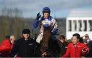 12 March 2019; Harry Skelton celebrates on Roksana after winning the OLBG Mares' Hurdle on Day One of the Cheltenham Racing Festival at Prestbury Park in Cheltenham, England. Photo by David Fitzgerald/Sportsfile