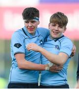 12 March 2019; Michael Sadlier, left, of St Michael's College celebrates with team-mate Sam Berman after the Bank of Ireland Leinster Rugby Schools Junior Cup Semi-Final match between Gonzaga College and St Michael's College at Energia Park in Donnybrook, Dublin. Photo by Eóin Noonan/Sportsfile