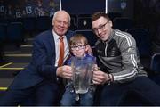 13 March 2019; Seven year old Fionn McAnaney, from Raharney GAA, Mullingar, Co Westmeath, who is the main benefactor of the 20th annual KN Group All-Ireland GAA Golf Challenge with former Dublin footballer Barney Rock, left, and Waterford hurler Kieran Bennett at today's launch of the 20th annual KN Group All-Ireland GAA Golf Challenge in St. Jude's GAA club. On August 9 and 10, the two-day event takes place in Concra Wood and Nuremore Golf Clubs in County Monaghan. Golfers will congregate to represent their GAA clubs in their hope of claiming All-Ireland glory while raising funds for much-needed GAA-associated charities such as Raharney youngster Fionn McAnaney. For more information follow @GolfGAA on Twitter or All-Ireland GAA Golf Challenge on Facebook. Photo by Matt Browne/Sportsfile