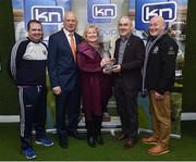 13 March 2019; Brenda Courtney, with, from left, Wexford hurling manager Davy Fitzgerald, former Dublin footballer Barney Rock, Tyrone manager Mickey Harte and former Monaghan footballer Eugene &quot;Nudie&quot; Hughes at today's launch of the 20th annual KN Group All-Ireland GAA Golf Challenge in St. Jude's GAA club. On August 9 and 10, the two-day event takes place in Concra Wood and Nuremore Golf Clubs in County Monaghan. Golfers will congregate to represent their GAA clubs in their hope of claiming All-Ireland glory while raising funds for much-needed GAA-associated charities such as Raharney youngster Fionn McAnaney. For more information follow @GolfGAA on Twitter or All-Ireland GAA Golf Challenge on Facebook. Photo by Matt Browne/Sportsfile