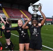 13 March 2019; Sophie Hurley and Vanessa Ogbonna of University College Cork celebrates with the Kelly Cup after the WSCAI Kelly Cup Final match between University College Cork and Maynooth University at Seaview in Belfast. Photo by Oliver McVeigh/Sportsfile