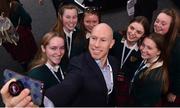 14 March 2019; Former Irish rugby international Peter Stringer takes a selfie with attendees from Holy Faith Secondary School, Clontarf, Co, Dublin at the AIB Future Sparks Festival in the RDS, Dublin. The event saw over 40 leaders in business, sport, music, technology and creative arts meet with 7,500 students from across Ireland inspiring conversation and celebrating the opportunities within their futures with a series of hands-on workshops, inspirational talks and panel discussions with thought leaders from a broad range of industries and disciplines. #backingstudents. Photo by Sam Barnes/Sportsfile