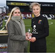 13 March 2019; Emma Yourell, Marketing executive of Rustlers Ireland, presents the player of the match award to Christina Dring of University College Cork after the WSCAI Kelly Cup Final match between University College Cork and Maynooth University at Seaview in Belfast. Photo by Oliver McVeigh/Sportsfile