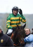14 March 2019; Barry Geraghty celebrates on Sire Du Berlais after winning the Pertemps Network Final Handicap Hurdle on Day Three of the Cheltenham Racing Festival at Prestbury Park in Cheltenham, England. Photo by David Fitzgerald/Sportsfile