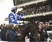 14 March 2019; Jockey Bryony Frost celebrates in front of the grandstand after winning the Ryanair Chase on Frodon on Day Three of the Cheltenham Racing Festival at Prestbury Park in Cheltenham, England. Photo by Seb Daly/Sportsfile