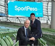 14 March 2019; Republic of Ireland manager Mick McCarthy joined SportPesa Head of Sponsorship Shaun Simmonds at the launch of a new two-year partnership with the Football Association of Ireland at the Aviva Stadium in Dublin. Photo by Matt Browne/Sportsfile