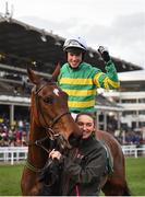 14 March 2019; Jockey Derek O'Connor celebrates after winning the Fulke Walwyn Kim Muir Challenge Cup Amateur Riders' Handicap Chase on Any Second Now on Day Three of the Cheltenham Racing Festival at Prestbury Park in Cheltenham, England. Photo by Seb Daly/Sportsfile