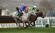 14 March 2019; Any Second Now, with Derek O'Connor up, right, jumps the last alongside Kilfilum Cross, with Alex Edwards up, on their way to winning the Fulke Walwyn Kim Muir Challenge Cup Amateur Riders' Handicap Chase on Day Three of the Cheltenham Racing Festival at Prestbury Park in Cheltenham, England. Photo by David Fitzgerald/Sportsfile