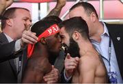 14 March 2019; Tevin Farmer, left, and Jono Carroll square off after weighing in ahead of their IBF World Super Featherweight Title bout at the Liacouras Center in Philadelphia, USA. Photo by Stephen McCarthy/Sportsfile