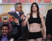 14 March 2019; Katie Taylor weighs in ahead of her IBF, WBA & WBO Female Lightweight World titles unification bout with Rose Volante at the Liacouras Center in Philadelphia, USA. Photo by Stephen McCarthy/Sportsfile