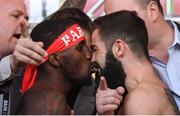 14 March 2019; Tevin Farmer, left, and Jono Carroll square off after weighing in ahead of their IBF World Super Featherweight Title bout at the Liacouras Center in Philadelphia, USA. Photo by Stephen McCarthy/Sportsfile
