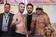 14 March 2019; John Joe Nevin, left, and Andres Figueroa square off after weighing in ahead of their lightweight bout at the Liacouras Center in Philadelphia, USA. Photo by Stephen McCarthy/Sportsfile