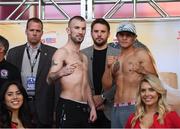 14 March 2019; John Joe Nevin, left, and Andres Figueroa square off after weighing in ahead of their lightweight bout at the Liacouras Center in Philadelphia, USA. Photo by Stephen McCarthy/Sportsfile