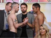 14 March 2019; John Joe Nevin, left, and Andres Figueroa square off after weighing in ahead of their lightweight bout at the Liacouras Center in Philadelphia, USA. Photo by Stephen McCarthy/Sportsfile