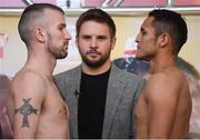 14 March 2019; John Joe Nevin, left, and Andres Figueroa square off after weighing in ahead of their lightweight bout at the Liacouras Center in Philadelphia, USA. Photo by Stephen McCarthy/Sportsfile