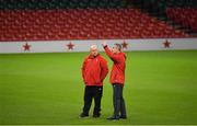 15 March 2019; Backs coach Rob Howley, right, and defence coach Shaun Edwards during the Wales rugby captain's run at the Principality Stadium in Cardiff, Wales. Photo by Brendan Moran/Sportsfile