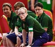 15 March 2019; Team Ireland's Matthew Brennan, a member of the Team South Galway Club, from Ardrahan, Co. Galway, and his team-mates watch the action during the SO Ireland 10-7 win over SO China Bocce match on Day One of the 2019 Special Olympics World Games in the Abu Dhabi National Exhibition Centre, Abu Dhabi, United Arab Emirates. Photo by Ray McManus/Sportsfile