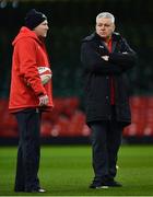 15 March 2019; Head coach Warren Gatland, right, and skills coach Neil Jenkins during the Wales rugby captain's run at the Principality Stadium in Cardiff, Wales. Photo by Ramsey Cardy/Sportsfile