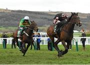 15 March 2019; Ch'tibello, right, with Harry Skelton up, leads Countister, with Barry Geraghty up, who finished third, on their way to winning the Randox Health County Handicap Hurdle on Day Four of the Cheltenham Racing Festival at Prestbury Park in Cheltenham, England. Photo by Seb Daly/Sportsfile