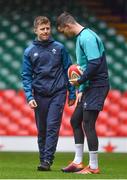 15 March 2019; Jonathan Sexton, right, with team physio Colm Fuller during the Ireland rugby captain's run at the Principality Stadium in Cardiff, Wales. Photo by Brendan Moran/Sportsfile