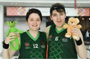 15 March 2019;Team Ireland's Shauna Stewart, left, a member of Athlone SOC, from Athlone, Co. Westmeath, and Sarah Kilmartin, a member of Athlone SOC, from Athlone, Co. Westmeath, with their mascots Berry and Archie after their Basketball game on Day One of the 2019 Special Olympics World Games in the Abu Dhabi National Exhibition Centre, Abu Dhabi, United Arab Emirates. Photo by Ray McManus/Sportsfile