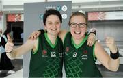 15 March 2019; Team Ireland's Shauna Stewart, left, a member of Athlone SOC, from Athlone, Co. Westmeath, and Team Ireland's Emma Johnstone, a member of the Cabra Lions Special Olympics Club, from Dublin 11, Co. Dublin, after their Basketball game on Day One of the 2019 Special Olympics World Games in the Abu Dhabi National Exhibition Centre, Abu Dhabi, United Arab Emirates. Photo by Ray McManus/Sportsfile