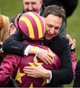 15 March 2019; Rachael Blackmore is congratulated by trainer Henry de Bromhead after riding Minella Indo to win the Albert Bartlett Novices' Hurdle on Day Four of the Cheltenham Racing Festival at Prestbury Park in Cheltenham, England. Photo by David Fitzgerald/Sportsfile