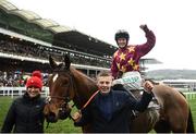 15 March 2019; Rachael Blackmore celebrates on Minella Indo after winning the Albert Bartlett Novices' Hurdle on Day Four of the Cheltenham Racing Festival at Prestbury Park in Cheltenham, England. Photo by David Fitzgerald/Sportsfile