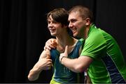 15 March 2019; Team Ireland's John Keenan, a member of the St.Hilda's Special School, from Ballymore, Co. Westmeath, poses for a photographer with his coach Anthony Monaghan, right, after his the pommel horse routine during the Artistic Gymnastic events on Day One of the 2019 Special Olympics World Games in the Abu Dhabi National Exhibition Centre, Abu Dhabi, United Arab Emirates. Photo by Ray McManus/Sportsfile