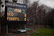 15 March 2019; A general view of the scoreboard prior to the SSE Airtricity League Premier Division match between UCD and Finn Harps at Belfield Bowl in Dublin. Photo by Ben McShane / SPORTSFILE