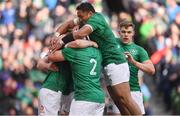 10 March 2019; Jonathan Sexton of Ireland is congratulated by team-mates, including Bundee Aki after scoring a try during the Guinness Six Nations Rugby Championship match between Ireland and France at the Aviva Stadium in Dublin. Photo by Brendan Moran/Sportsfile