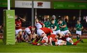 15 March 2019; Sean French of Ireland is held up before the line, before referee Christophe Ridley ruled that no try was scored after a TMO review, in the first half, during the U20 Six Nations Rugby Championship match between Wales and Ireland at Zip World Stadium in Colwyn Bay, Wales. Photo by Piaras Ó Mídheach/Sportsfile