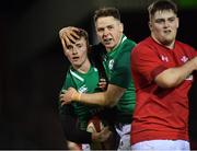 15 March 2019; Jonathan Wren of Ireland, left, celebrates scoring his side's first try with team-mate Sean French during the U20 Six Nations Rugby Championship match between Wales and Ireland at Zip World Stadium in Colwyn Bay, Wales. Photo by Piaras Ó Mídheach/Sportsfile