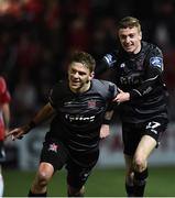 15 March 2019; Sean Murray of Dundalk celebrates with team-mate Daniel Kelly after scoring his side's first goal during the SSE Airtricity League Premier Division match between Derry City and Dundalk at Ryan McBride Brandywell Stadium in Derry Photo by Oliver McVeigh/Sportsfile