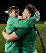 15 March 2019; Liam Turner of Ireland, right, and injured Captain David Hawkshaw celebrate after winning the U20 Six Nations Rugby Championship match between Wales and Ireland at Zip World Stadium in Colwyn Bay, Wales. Photo by Piaras Ó Mídheach/Sportsfile