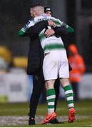15 March 2019; Jack Byrne of Shamrock Rovers celebrates after scoring his side's third goal with Shamrock Rovers manager Stephen Bradley during the SSE Airtricity League Premier Division match between Shamrock Rovers and Sligo Rovers at Tallaght Stadium in Dublin. Photo by Harry Murphy/Sportsfile