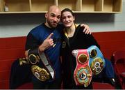 15 March 2019; Katie Taylor celebrates in her dressing room, with her coach Ross Enamait, after defeating Rose Volante in their WBA, IBF & WBO Female Lightweight World Championships unification bout at the Liacouras Center in Philadelphia, USA. Photo by Stephen McCarthy / Sportsfile