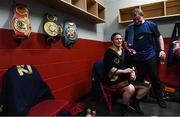 15 March 2019; Katie Taylor relaxes in her dressing room with manager Brian Peters, after defeating Rose Volante in their WBA, IBF & WBO Female Lightweight World Championships unification bout at the Liacouras Center in Philadelphia, USA. Photo by Stephen McCarthy / Sportsfile
