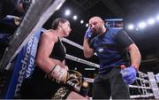 15 March 2019; Katie Taylor with coach Ross Enamait during her WBA, IBF & WBO Female Lightweight World Championships unification bout against Rose Volanteat at the Liacouras Center in Philadelphia, USA.Photo by Stephen McCarthy/Sportsfile