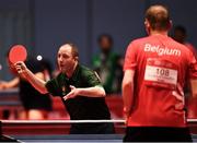 16 March 2019; Team Ireland's Francis Power, a member of Navan Arch Club, from Navan, Co. Meath, serves to Boudewijn Vanderydt of Belgium during his final set which he won 11-1 to win his match 3-2 during the Finals 29+ Division 4 at the Table Tennis matches on Day Two of the 2019 Special Olympics World Games in the Abu Dhabi National Exhibition Centre, Abu Dhabi, United Arab Emirates. Photo by Ray McManus/Sportsfile