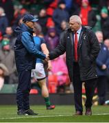 16 March 2019; Ireland head coach Joe Schmidt, left, in conversation with Wales head coach Warren Gatland ahead of the Guinness Six Nations Rugby Championship match between Wales and Ireland at the Principality Stadium in Cardiff, Wales. Photo by Ramsey Cardy/Sportsfile