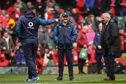 16 March 2019; Ireland head coach Joe Schmidt, second left, and defence coach Andy Farrell in conversation with Wales head coach Warren Gatland ahead of the Guinness Six Nations Rugby Championship match between Wales and Ireland at the Principality Stadium in Cardiff, Wales. Photo by Ramsey Cardy/Sportsfile