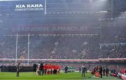 16 March 2019; The teams and crowd stand for a minute's silence in memory of the victims of the Christchurch terrorist attack prior to the Guinness Six Nations Rugby Championship match between Wales and Ireland at the Principality Stadium in Cardiff, Wales. Photo by Brendan Moran/Sportsfile