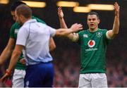 16 March 2019; Jonathan Sexton of Ireland reacts to a decision by referee Angus Gardner during the Guinness Six Nations Rugby Championship match between Wales and Ireland at the Principality Stadium in Cardiff, Wales. Photo by Brendan Moran/Sportsfile