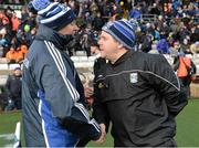 16 March 2019; Monaghan manager Malachy O'Rourke and Cavan manager Mickey Graham exchange handshakes after the Allianz Football League Division 1 Round 6 match between Monaghan and Cavan at St Tiernach's Park in Clones, Monaghan. Photo by Oliver McVeigh/Sportsfile