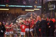16 March 2019; Wales players celebrate with the Guinness Six Nations Championship and Triple Crown trophies following the Guinness Six Nations Rugby Championship match between Wales and Ireland at the Principality Stadium in Cardiff, Wales. Photo by Brendan Moran/Sportsfile