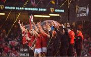16 March 2019; Wales players celebrate with the Guinness Six Nations Championship and Triple Crown trophies following the Guinness Six Nations Rugby Championship match between Wales and Ireland at the Principality Stadium in Cardiff, Wales. Photo by Brendan Moran/Sportsfile