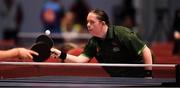 16 March 2019; Team Ireland's Fiodhna O'Leary, a member of the Blackrock Flyers Special Olympics Club, from Dublin 18, Co. Dublin, serves during the Table Tennis matches on Day Two of the 2019 Special Olympics World Games in the Abu Dhabi National Exhibition Centre, Abu Dhabi, United Arab Emirates. Photo by Ray McManus/Sportsfile
