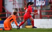 16 March 2019; Alex Kavanagh of Shelbourne celebrates scoring her side's second goal past Limerick goalkeeper Karen Connolly during the Só Hotels Women's National League match between Shelbourne and Limerick at Tolka Park in Dublin.  Photo by Piaras Ó Mídheach/Sportsfile
